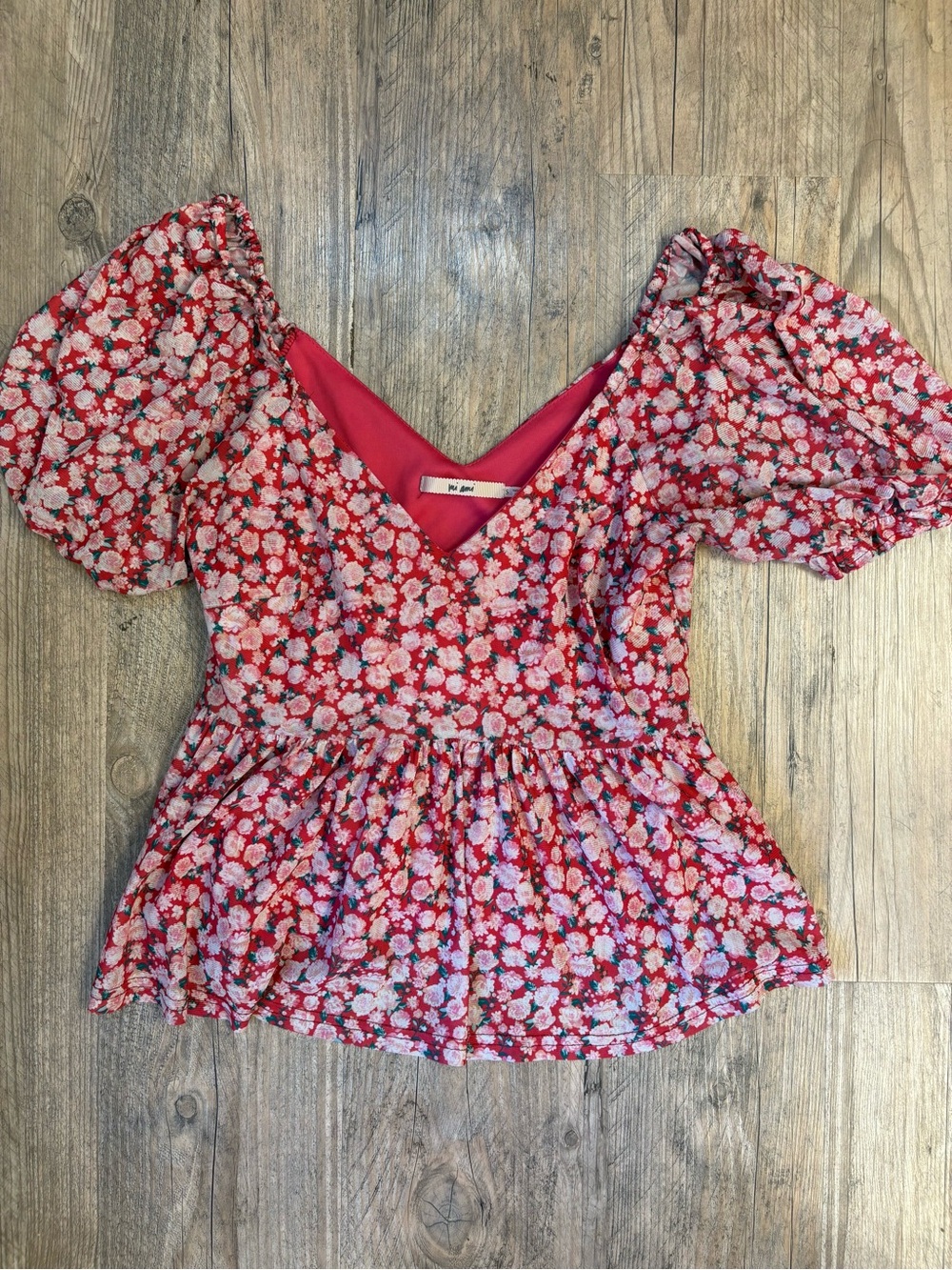 miami Red & Pink Floral V‑Neck Peplum Blouse